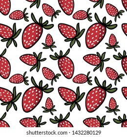 Cute fruit seamless pattern of strawberry and on white background. Vector illustration.