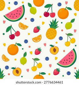 Cute fruit seamless pattern with watermelon, pineapple, orange and strawberry on white background.