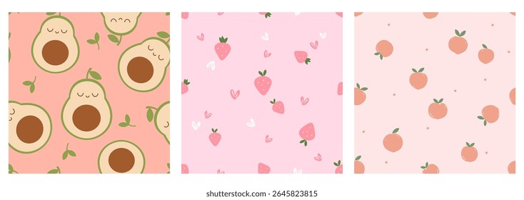 Cute fruit seamless patterns with avocado cartoons, strawberries and peach apricot fruit on orange and pink backgrounds vector.