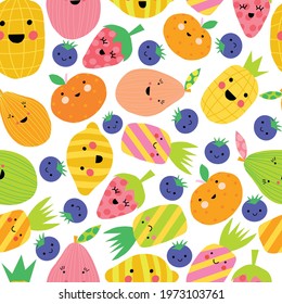 Cute fruit seamless vector pattern. Repeating Background smiling fruit in cartoon style. Funny kids Kawaii texture with fruit characters. Smiley Lemon Berries Pineapple Strawberry Orange Strawberry.