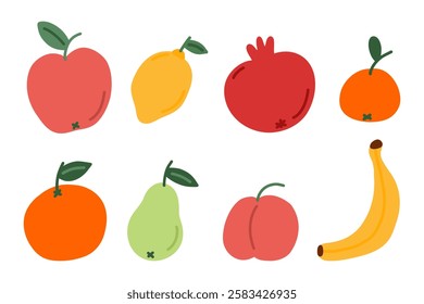 Cute fruit set doodle style. Flat simple apple, lemon, pomegranate, mandarin, orange, pear, peach, banana. Cartoon illustration for children. Hand drawn illustration isolated on white background.
