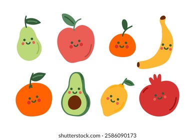 Cute fruit set doodle style. Smile simple apple, lemon, pomegranate, mandarin, orange, pear, avocado, banana. Cartoon characters for children. Hand drawn illustration isolated on white background.