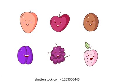 Cute fruit set isolated. Summer fruit with eyes. Vector art.