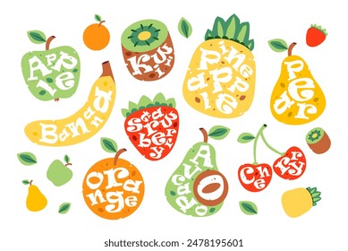 Cute fruit set. Fruit Labels design with text. Fruits with their name inside. Template for advertising poster or t-shirt print