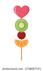 Niedliche Fruchtspieß-Illustration mit einem herzförmigen Oberteil, Kiwi-Scheibe, Kirsche und orangefarbene Scheibe vertikal auf einem Holzstab gestapelt, für Valentine und Lebensmittel-Designs