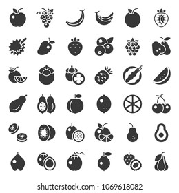 Cute fruit solid icon set, such as orange, kiwi, coconut, banana, papaya, peach, tropical fruits