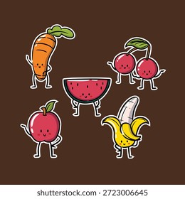 Conjunto de pegatinas de frutas lindas con personajes sonrientes de manzana, plátano, sandía, cereza y zanahoria. Ilustración dibujada a mano con contorno negro audaz y estilo plano colorido. Perfecto para el diseño de niños, paquetes de pegatinas, marca de alimentos, educación, redes sociales y proyectos lúdicos
