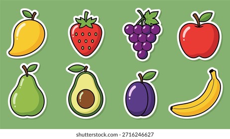Cute Fruit Aufkleber Set im flachen Cartoon Illustration Style. Obstaufkleber-Kollektion mit Apfel, Banane, Erdbeere und Trauben.