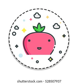 Cute Fruit Sticker Strawberry. Vector line  illustration. Icon isolated on white background Vegetarian and healthy lifestyle concept.