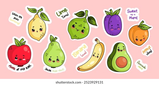 Adesivos de frutas bonitos. Limão tropical, cal, abacate com banana, maçã, pera, ameixa e damasco. Engraçado desenho animado kawaii personagens e slogans legais. Ilustrações de desenho de vetor isoladas.