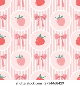 Cute Fruit Strawberry and Bows seamless pattern with a stripe. Gift bows, Colorful floral berries print for fabric or wrapping paper design.
