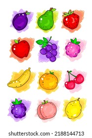 Cute fruit summer collection of stickers. Cartoon element for your food design. Healthy food concept. Vegan, vegetarian and diet, sport food. Smoothies and juices, jams.