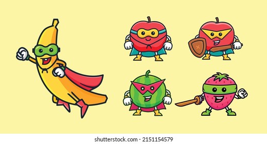 cute fruit super hero cartoon character illustration set