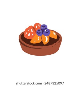 Cute fruit tart for breakfast. Fresh baked dessert with strawberry, blueberry. Pastry, small cake, pie with filling. Bakery icon. Flat isolated hand drawn vector illustration on white background