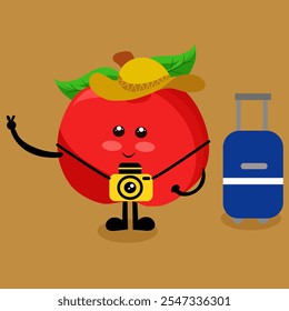  Cute fruit tourist vector cartoon character., Cartoon apple with a smile, Apple character as a tourist Perfect for kids merchandise and sticker banner promotion, Pineapple mascot doing vacation