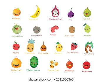 Cute Fruit Vector illustration. Cute Fruit Cartoon Name emoji symbol. Kids Nursery isolated on white background, Clip Art 