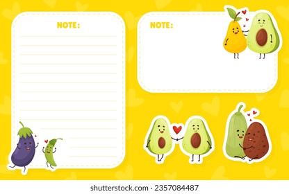 Cute Fruit and Vegetable Couple Empty Note Card Vector Template