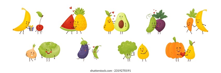 Cute Fruit and Vegetable Couples Feeling Love and Passion Vector Set