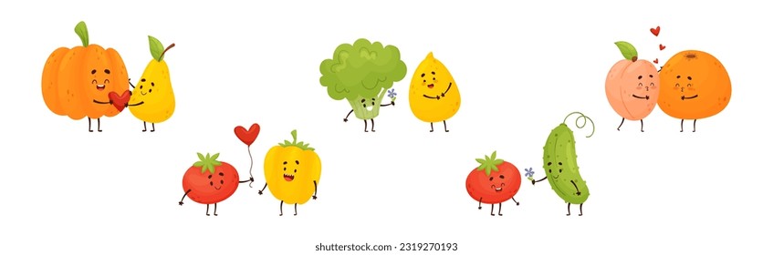 Cute Fruit and Vegetable Couples Feeling Love and Passion Vector Set