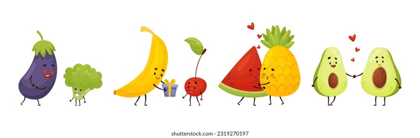 Cute Fruit and Vegetable Couples Feeling Love and Passion Vector Set