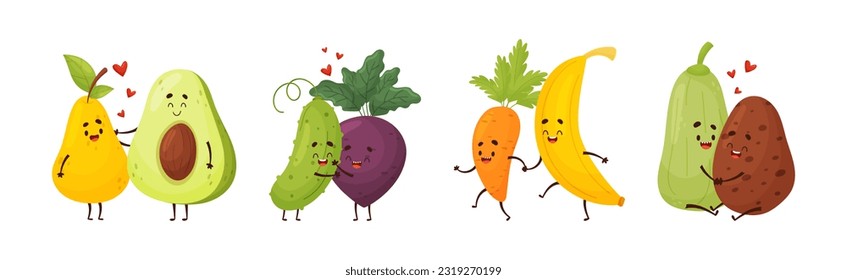 Cute Fruit and Vegetable Couples Feeling Love and Passion Vector Set