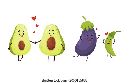 Cute Fruit and Vegetable Couples Holding Hands and Laughing Vector Set.