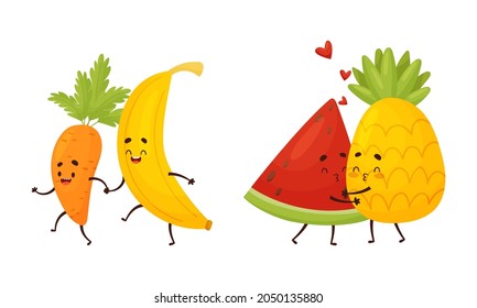 Cute Fruit and Vegetable Couples Kissing and Holding Hands Vector Set