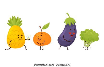 Cute Fruit and Vegetable Couples Proposing with Ring and Smiling Vector Set
