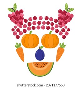 Cara de fruta y verdura. Cabeza divertida saludable con calabaza en lugar de ojos, cantaloupe en lugar de boca, ciruela en lugar de nariz, zanahoria en lugar de orejas. Máscara vegana. Ilustración del vector