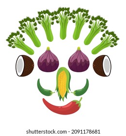 Cute fruit and vegetable face. Funny healthy head with figs instead of eyes, chili pepper instead of mouth, corn instead of nose, coconut instead of ears. Vegan mask. Vector illustration