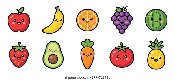 Cute fruit and vegetable icon set with apple banana orange grapes watermelon avocado carrot tomato and pineapple
