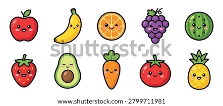 Cute fruit and vegetable icon set with apple banana orange grapes watermelon avocado carrot tomato and pineapple
