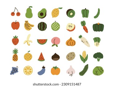 Cute fruit and vegetable icons handwritten