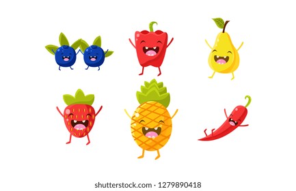 Cute fruit and vegetables characters set, blueberry, sweet and hot pepper, pineapple, strawberry vector Illustration