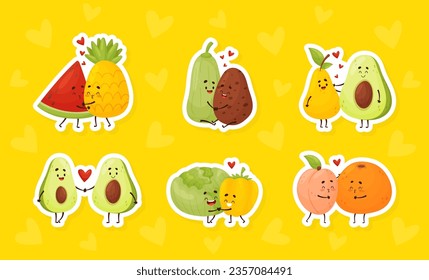 Cute Fruit and Vegetables Couple Vector Sticker Set
