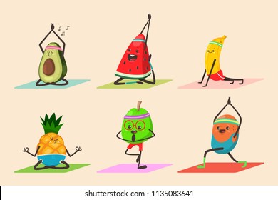 Cute fruit and vegetables doing yoga poses exercises. Funny vector cartoon food character set isolated on background. Eating healthy and fitness