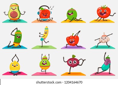 Cute fruit and vegetables doing yoga exercises and gymnastics poses. Funny vector cartoon kids food character set isolated on background. Eating healthy and fitness.