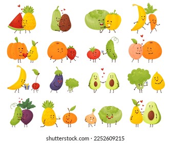 Cute Fruit and Vegetables Embracing and Holding Hands Big Vector Set