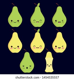 Cute fruit. Yellow and green pears with different emotions