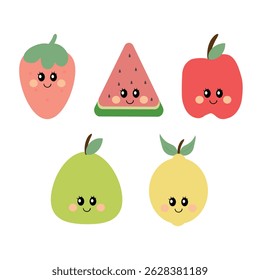 Cute fruits, apple watermelon strawberry lemon and pear, illustration white background