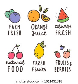 Cute fruits badges. Vector hand drawn elements