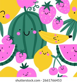 Niedliche Früchte und Beeren nahtloses Muster. Komische vegetarische Nahrungssammlung auf weißem Hintergrund. Farbige Vektorgrafik im Cartoonstil.
