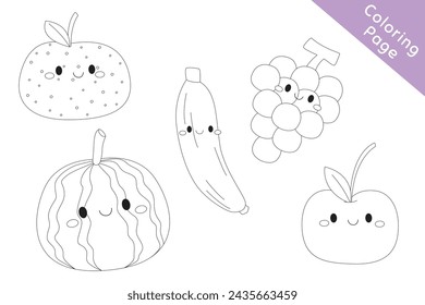 Cute fruits black and white outline cartoon vector for kids coloring page. Printable coloring page template cartoon vector.