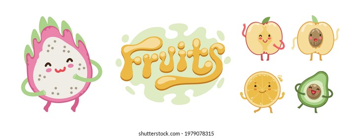 Cute fruits cartoon characters emoji set for with symbol and logo for food design decoration. Isolated on white background.