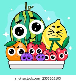 Cute fruits cartoon illustration on blue background.Fruits stckers.