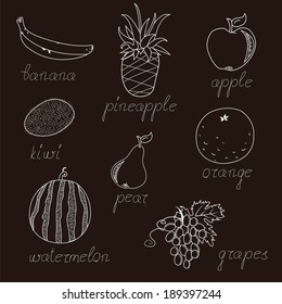 Cute fruits in cartoon style isolated on black background