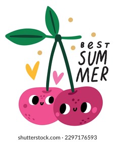 Cute fruits character emblem. Cartoon summer cherries with happy faces. Romantic berry mascots hugging. Love and romance. Lovers happiness. Summertime holiday card