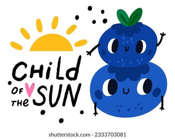 Cute fruits character emblem. Child of sun. Summer beach vacation. Blueberry family. Happy mother and kid. Funny food mascots card. Berries with smiling faces. Vector