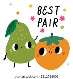 Cute fruits character emblem. Happy summer pear and persimmon with smiling faces. Funny friends pair. Healthy natural food mascot. Vitamin products couple. Vector cartoon