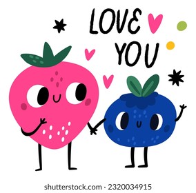 Cute fruits character emblem. Happy couple. Cartoon strawberry and blueberry hugs. Funny food mascots card. Love and romance. Ripe berries with smiling faces. Vector